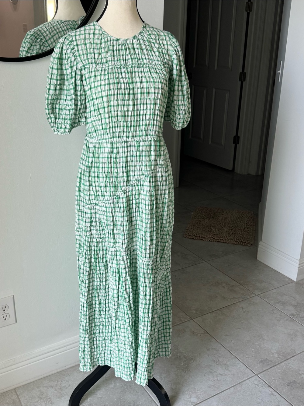 ASOS Green and White Check Puff-Sleeve Maxi Dress